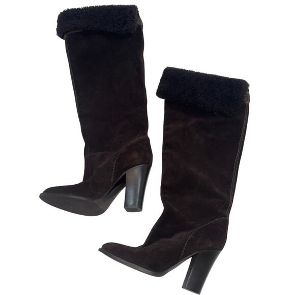 JCrew J Crew Davos Gomma Brown Knee High Suede Leather Boots Women 8 Sherpa Cuff - Picture 1 of 7